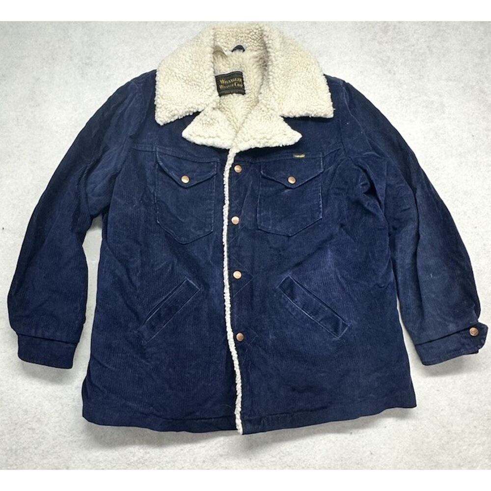 Vintage Wrangler Ranch Chore Coat Corduroy Sherpa Blue Mens XLarge Made In USA